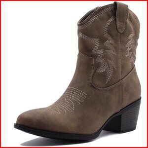 Women's Mid Calf Western Cowboy Boots Low Heel Almond Toe Zip Closure